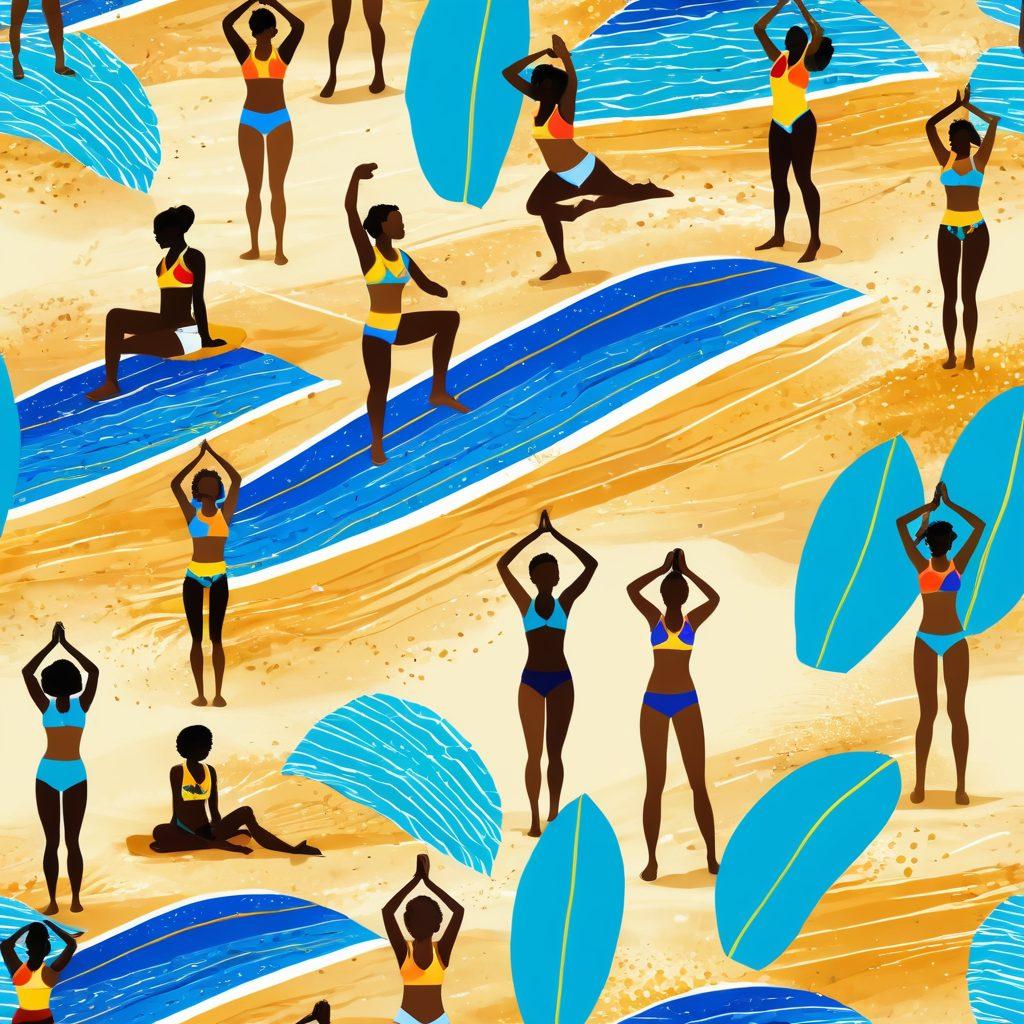 A vibrant beach scene showcasing stylish swimwear on diverse individuals engaging in fitness activities like beach volleyball and yoga by the sea. The background features golden sand and clear blue waves, while the swimwear is fashionable and functional, incorporating bright colors and unique designs. Sunlight sparkles on the water, creating an energetic atmosphere. super-realistic. vibrant colors. bright background.
